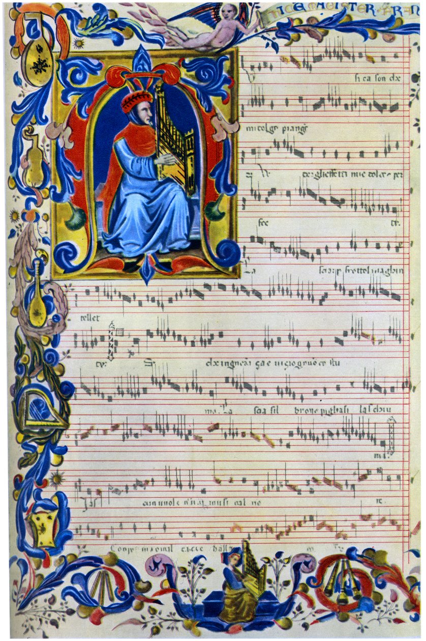 Francesco Landino soittamassa portatiivisia urkuja, 1325 - 1397 tekijältä Unbekannt