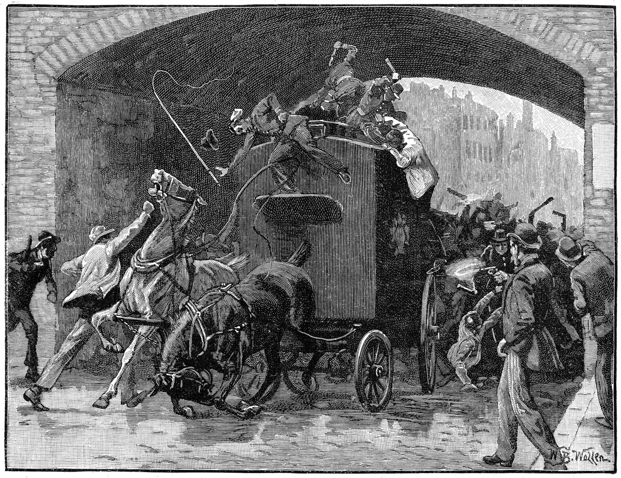Fenian salaliittojohtajien vapauttaminen poliisiautosta, Hyde Street, Manchester, 1867 tekijältä Unbekannt