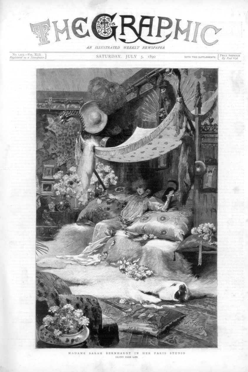 Ranskalainen näyttelijä Sarah Bernhardt Pariisin studiossaan Ranskassa, 1890 tekijältä Unbekannt