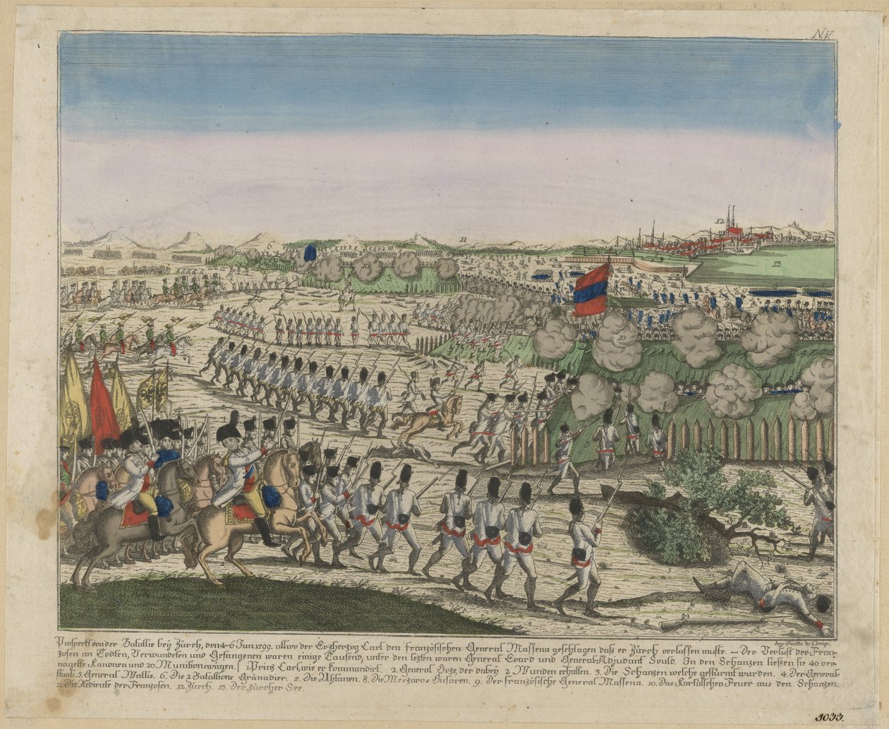Ranskan ja Venäjän joukot Zürichbergin kukkulalla ensimmäisessä Zürichin taistelussa n. 1810 tekijältä Unbekannt