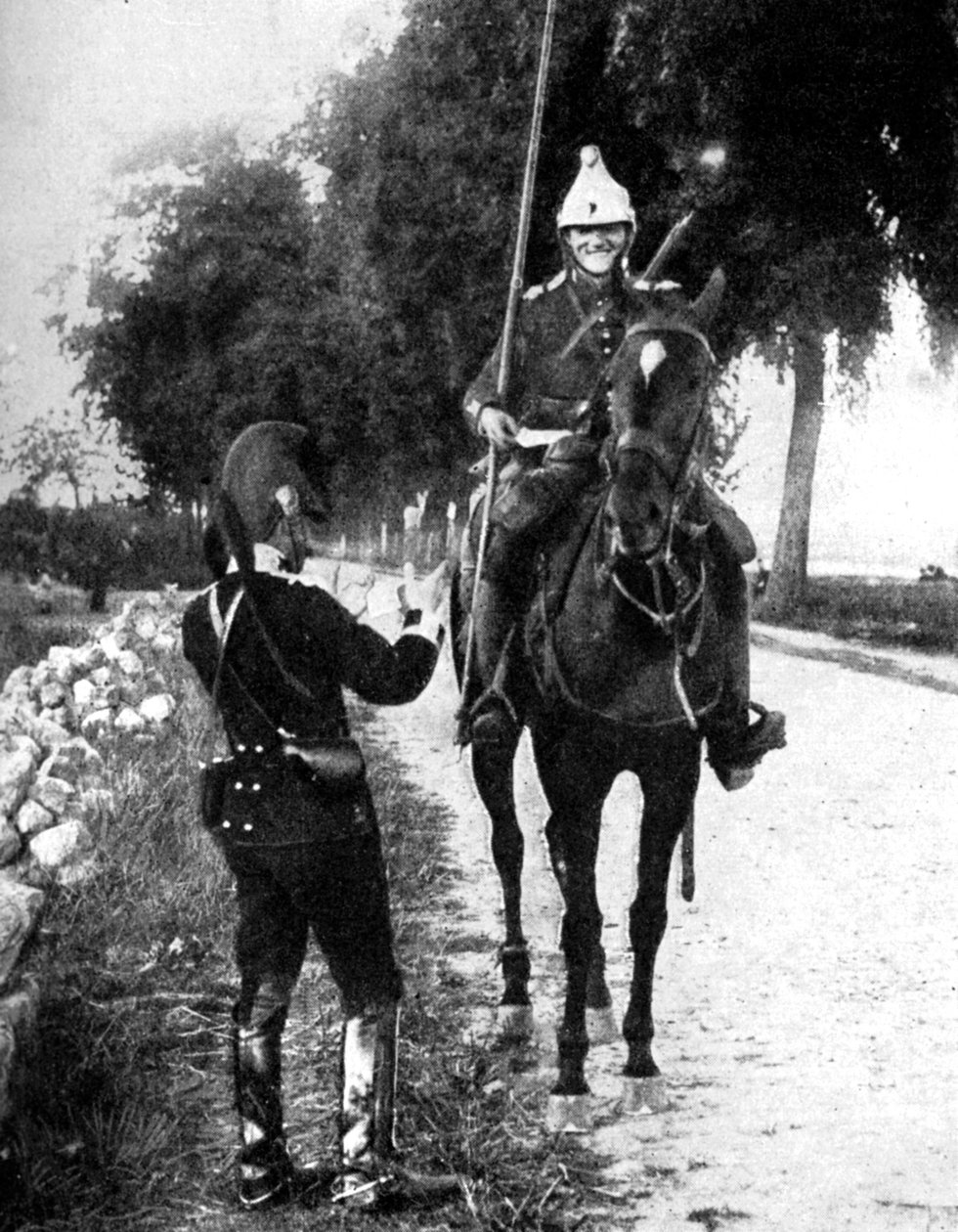 Ranskan lohikäärme, toimittaa passin varoittaakseen Belgian piketistä, ensimmäinen maailmansota, 1914 tekijältä Unbekannt