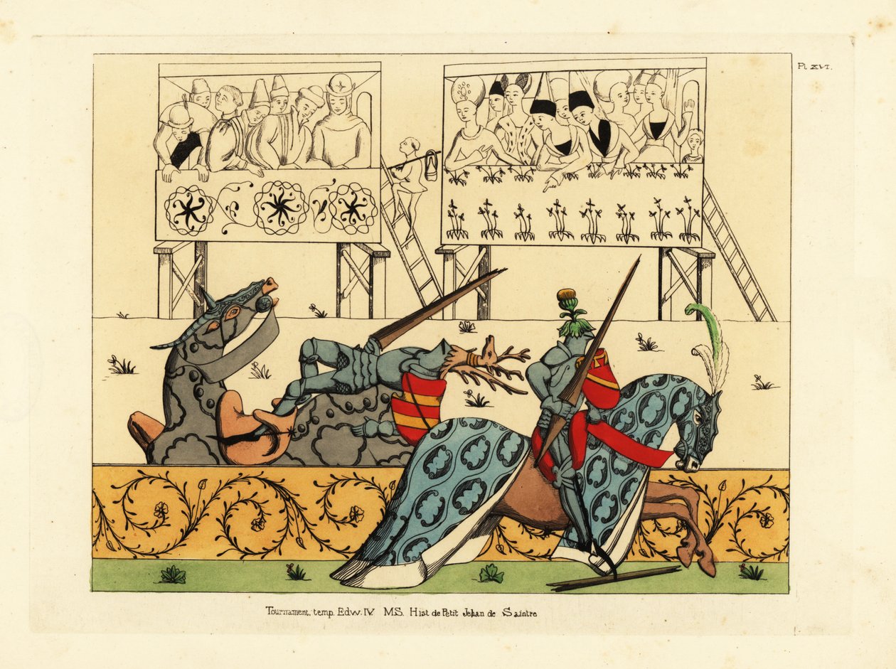 Ranskalainen ritari Jean de Saintre ruorissa ohdakeharjan kanssa kukistaa espanjalaisen ritari Enguerrantin ruorissa polttarien harjanteella turnauksessa käsikirjoituksesta Histoire de Petit Jehan de Saintre, 1400-luvun loppu. tekijältä Unbekannt