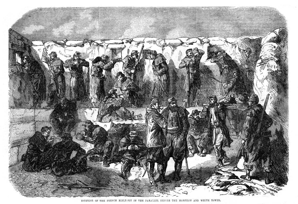 Ranskalainen kiväärin kuoppa rinnakkain ennen mamelonia ja valkoista tornia, Sevastopol, Krimin sota, 1855 tekijältä Unbekannt