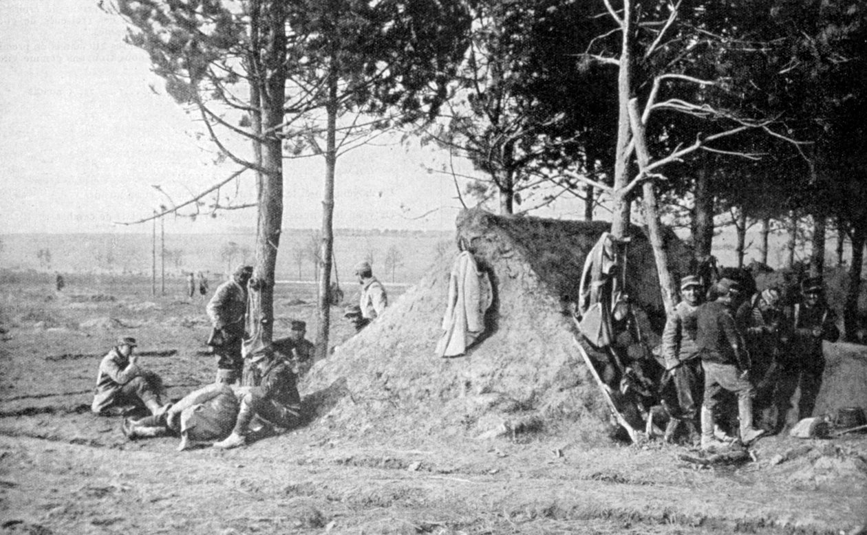 Ranskalaiset sotilaat levossa taistelun jälkeen, Champagnen alue, Ranska, ensimmäinen maailmansota, 1915 tekijältä Unbekannt