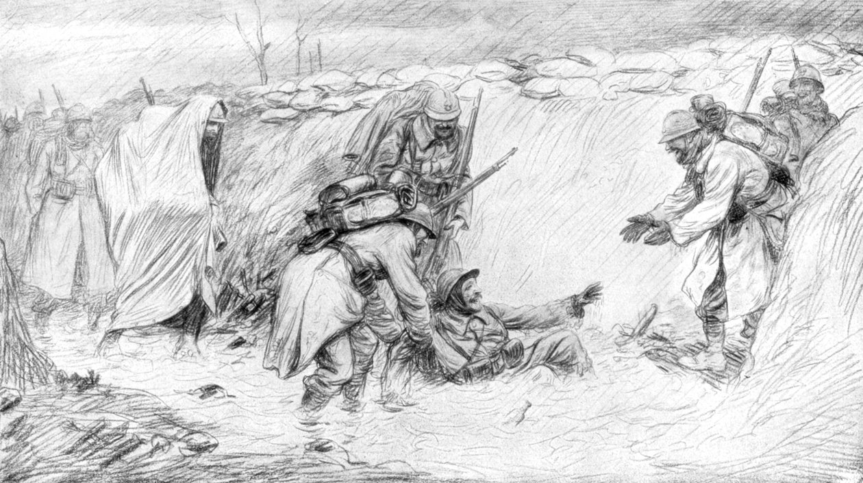 Ranskalaiset sotilaat näkevät mudassa putoamisen hauskan puolen, ensimmäinen maailmansota, 1916, 1926 tekijältä Unbekannt