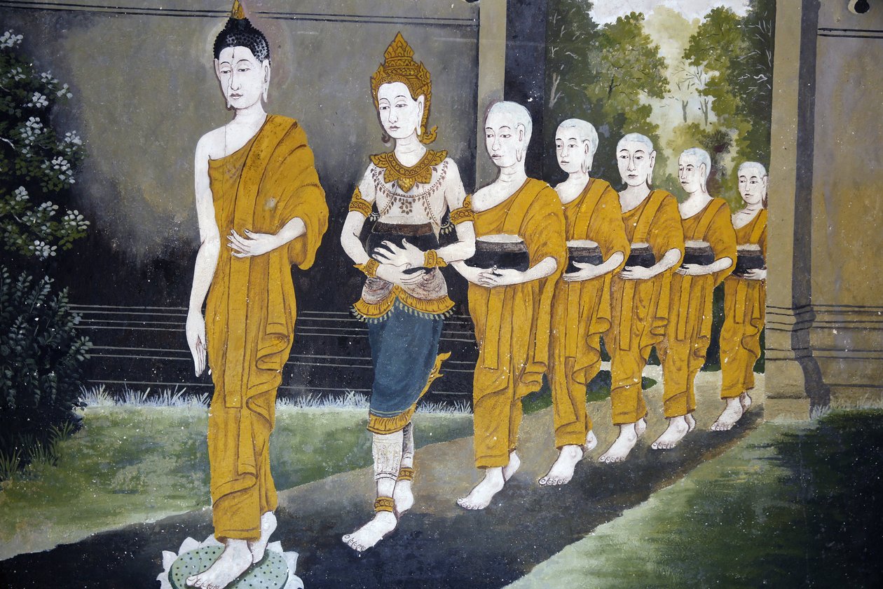 Fresko, joka kuvaa kohtausta Buddhan elämästä Wat Phra Doi Suthepissa Chiang Maissa. Buddha ja munkit almupyörillä. Thaimaa tekijältä Unbekannt