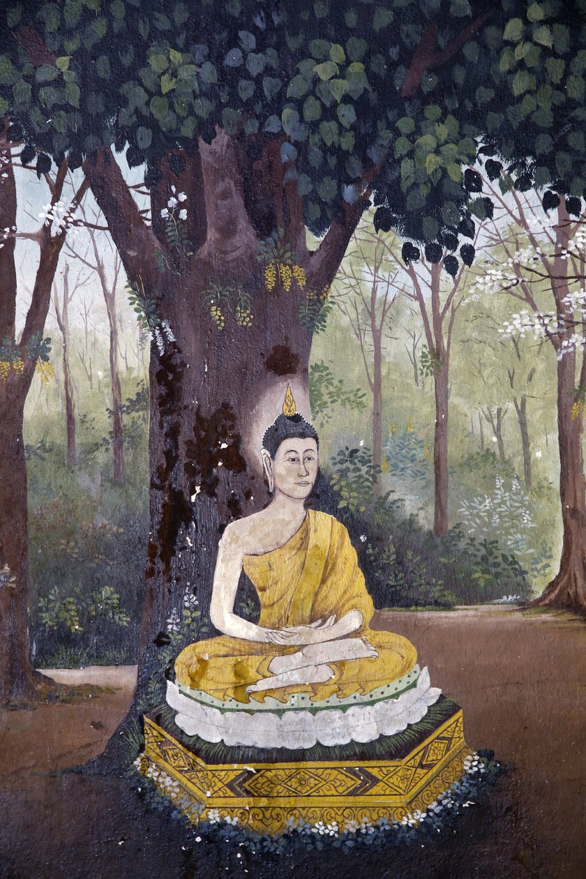 Fresko, joka kuvaa kohtausta Buddhan elämästä Wat Phra Doi Suthepissa Chiang Maissa. Buddha meditoi puun alla. Thaimaa tekijältä Unbekannt