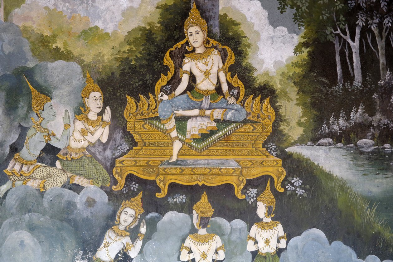 Fresko, joka kuvaa kohtausta Buddhan elämästä Wat Phra Doi Suthepissa Chiang Maissa. Thaimaa tekijältä Unbekannt