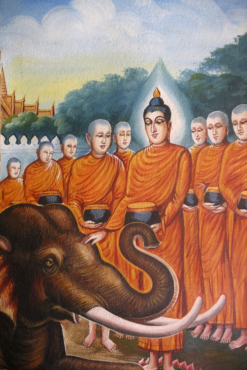 Fresko, joka kuvaa Buddhan sanghaa elefantin kanssa Wat Chiang Munissa, Chiang Maissa. Thaimaa tekijältä Unbekannt