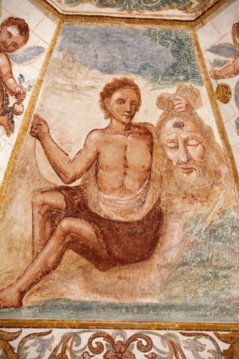 Fresko Dominikaanisessa kirkossa, Muro Leccese, Apulia: mies pitelee Johannes Kastajan päätä, Muro Leccese, Italia tekijältä Unbekannt
