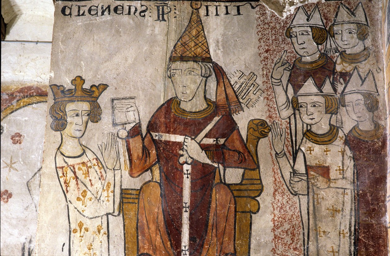 Ferrande-tornin fresko Pernes-les-Fontainesissa (Pernes les Fontaines, Vaucluse (84)) 1200-luvulta: paavi sijoitti Anjoun Kaarle I:n (1226-1285) Sisilian kuningaskuntaan 28.6.1265. Clement IV (v. 1195-1268). tekijältä Unbekannt