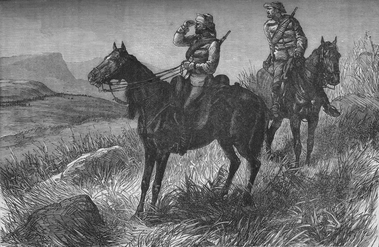 Frontier Light Horse, Vedette Duty, Löytää Zulus lähellä Woods Camp, Kambula Hill, c1880 tekijältä Unbekannt