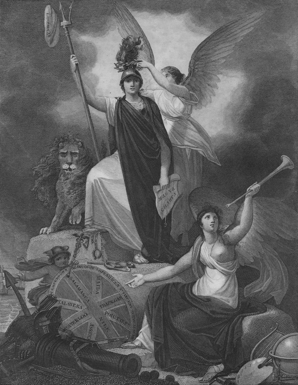 Frontispiece - Britannia pitää Neptunuksen kolmikkoa, jonka päällä on Vapauden lippi ja kruunu tekijältä Unbekannt