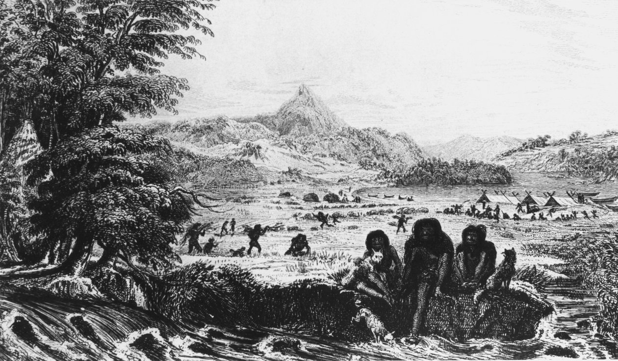 Fuegians Woollyassa, taustalla Fitzroyn retkikunnan leiri, 1831 1839 tekijältä Unbekannt