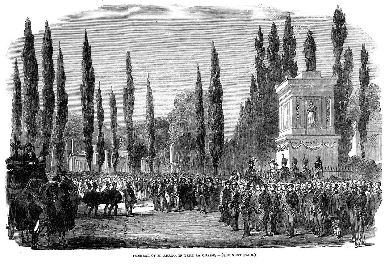 Ranskalaisen tähtitieteilijän, fyysikon ja poliitikon Francois Aragon hautajaiset Pariisissa 5. lokakuuta 1853. tekijältä Unbekannt