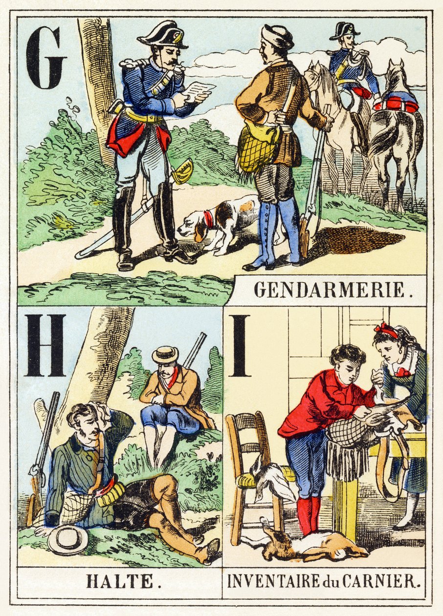 G H I: Gendarmerie, Halte, Inventaire du gamenier - Metsästysaakkoset, n. 1890 (kaiverrus) tekijältä Unbekannt
