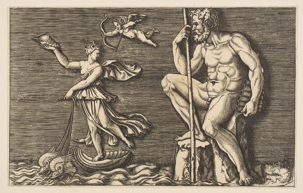 Galatea pakenee Polyphemusta, hän istuu kalliolla kädessään sauva ja piiput ja..., noin. 1515-1600. tekijältä Unbekannt