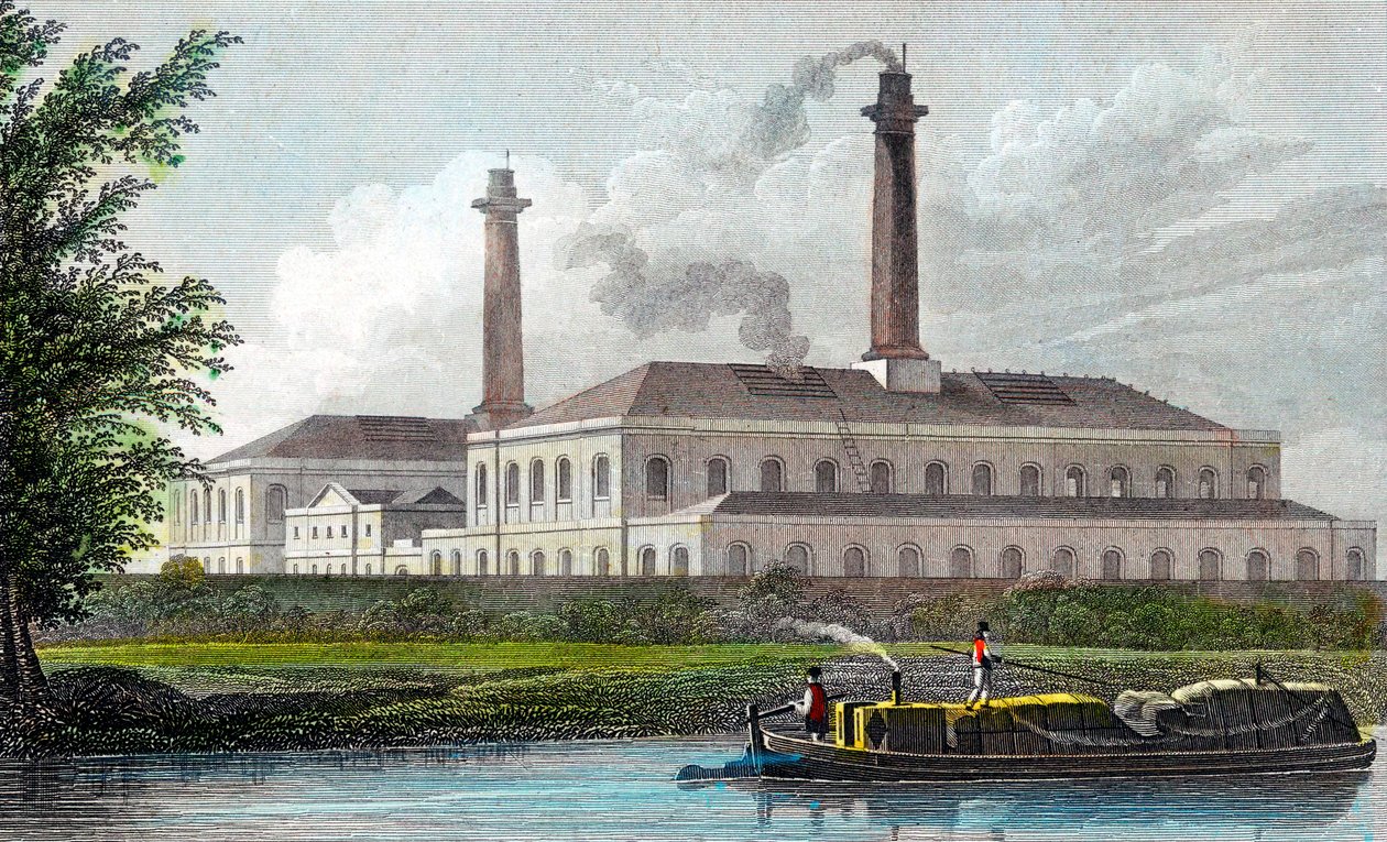 Kaasutehdas Regents Canalilla Lontoossa, 1828 tekijältä Unbekannt