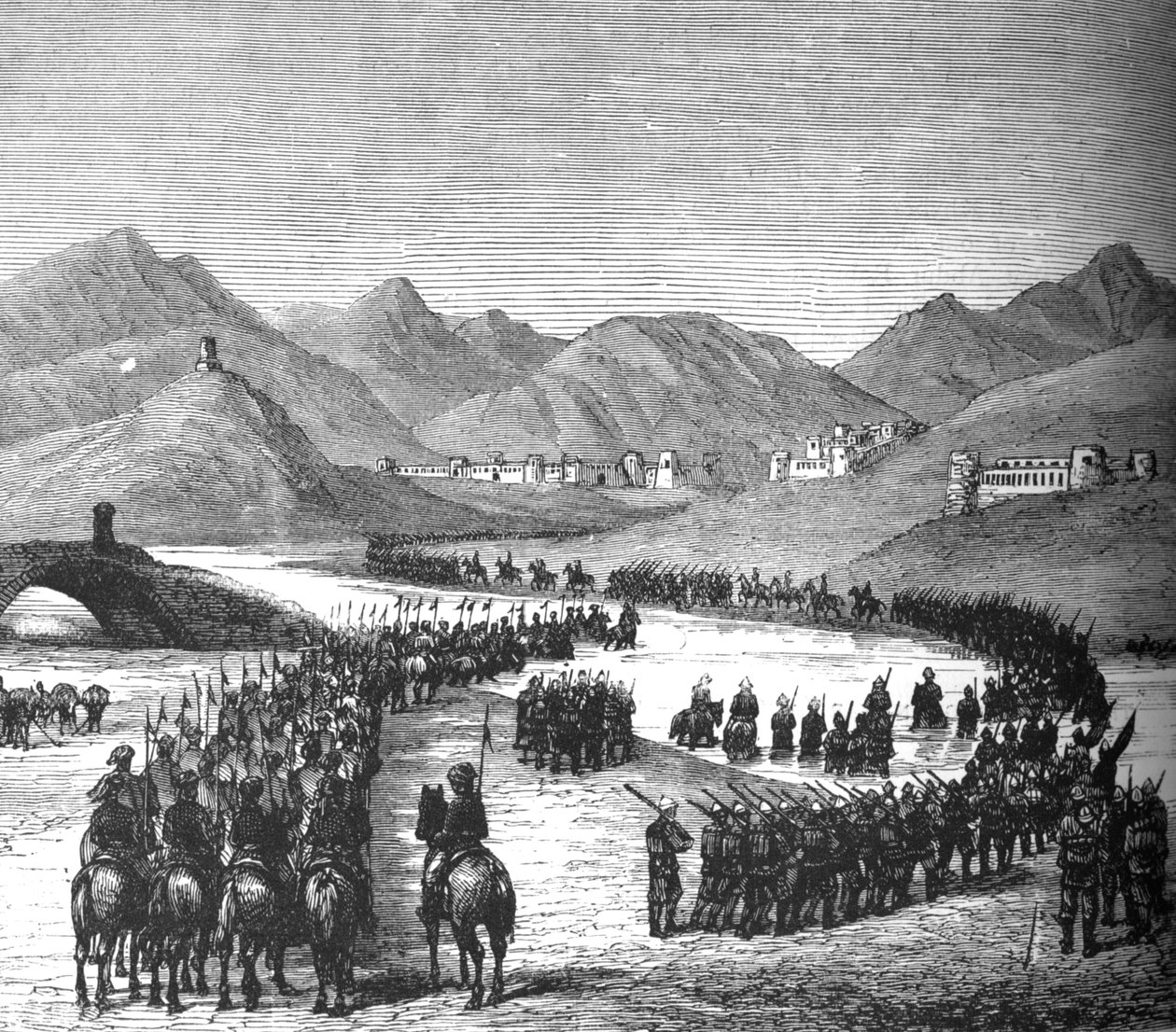 Kenraali Rosss-divisioona ylittää Logar-joen matkalla tapaamaan Sir Donald Stewartia, c1880 tekijältä Unbekannt