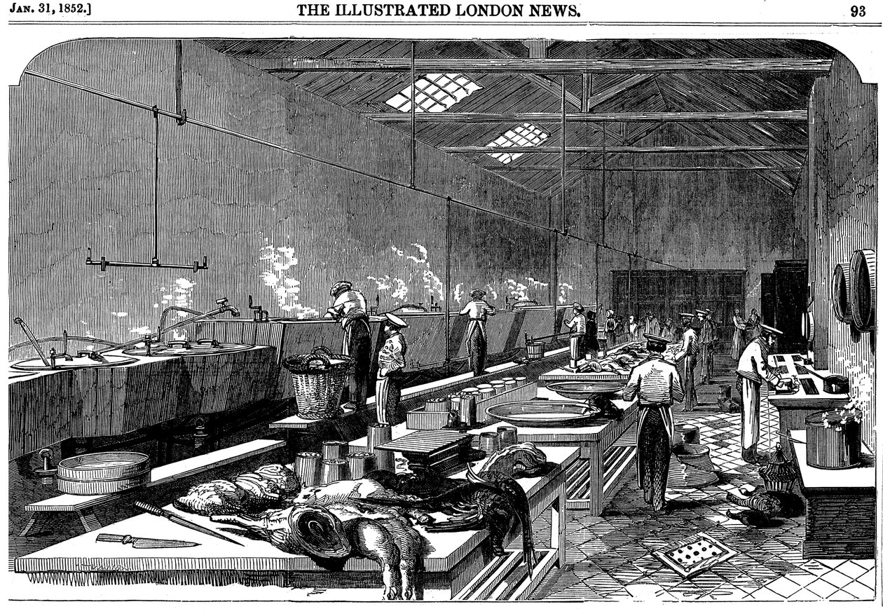 Yleiskuva keittiöstä Richie & McCalls Canneryssa, Houndsditchissä, Lontoossa, 1852 tekijältä Unbekannt