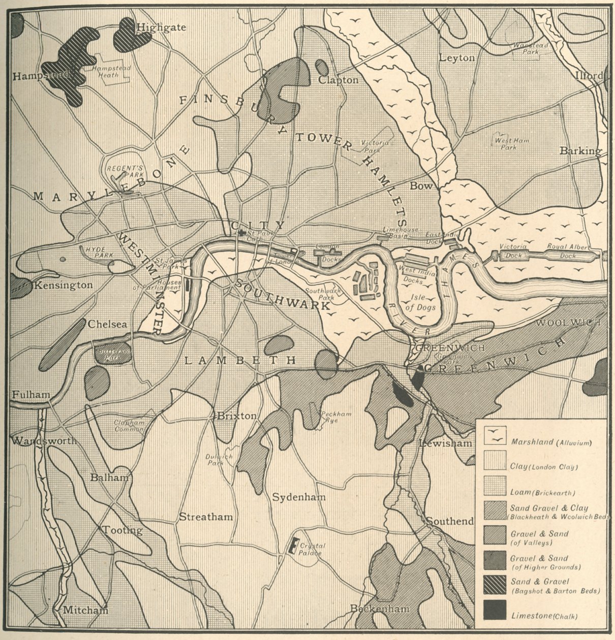 Lontoon geologinen kartta, 1908 tekijältä Unbekannt
