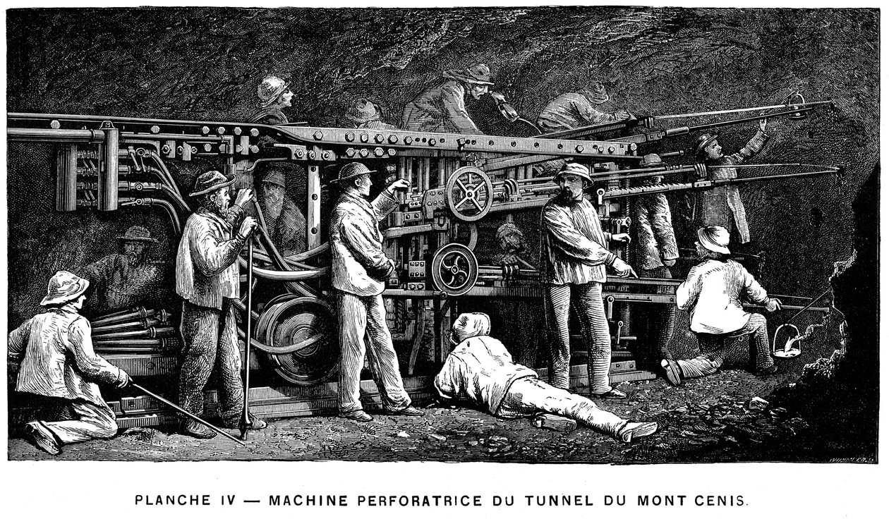 Germain Sommeillersin paineilmapora, jota käytettiin Mont Cenis -tunnelin kaivamisessa, 1874 tekijältä Unbekannt