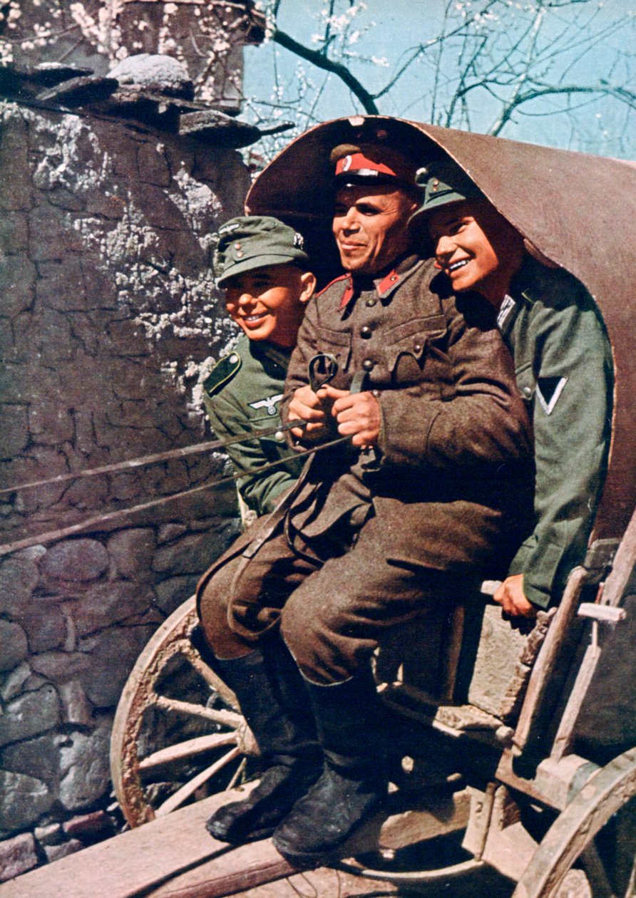 Saksalaiset alppijoukot kärryssä bulgarialaisen sotilaan kanssa, Struma Valley, Bulgaria, 1941 tekijältä Unbekannt