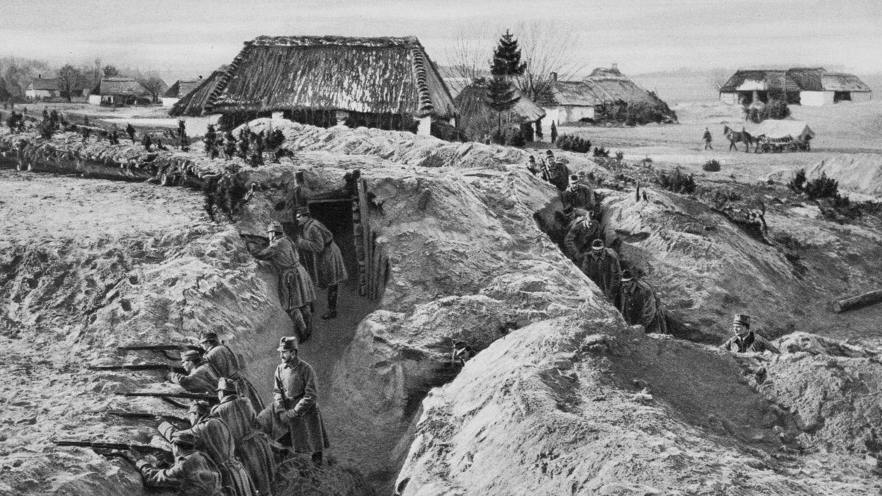 Saksan jalkaväki juoksuhaudoissa Jasionnassa, Puolassa, ensimmäinen maailmansota, 1915 tekijältä Unbekannt