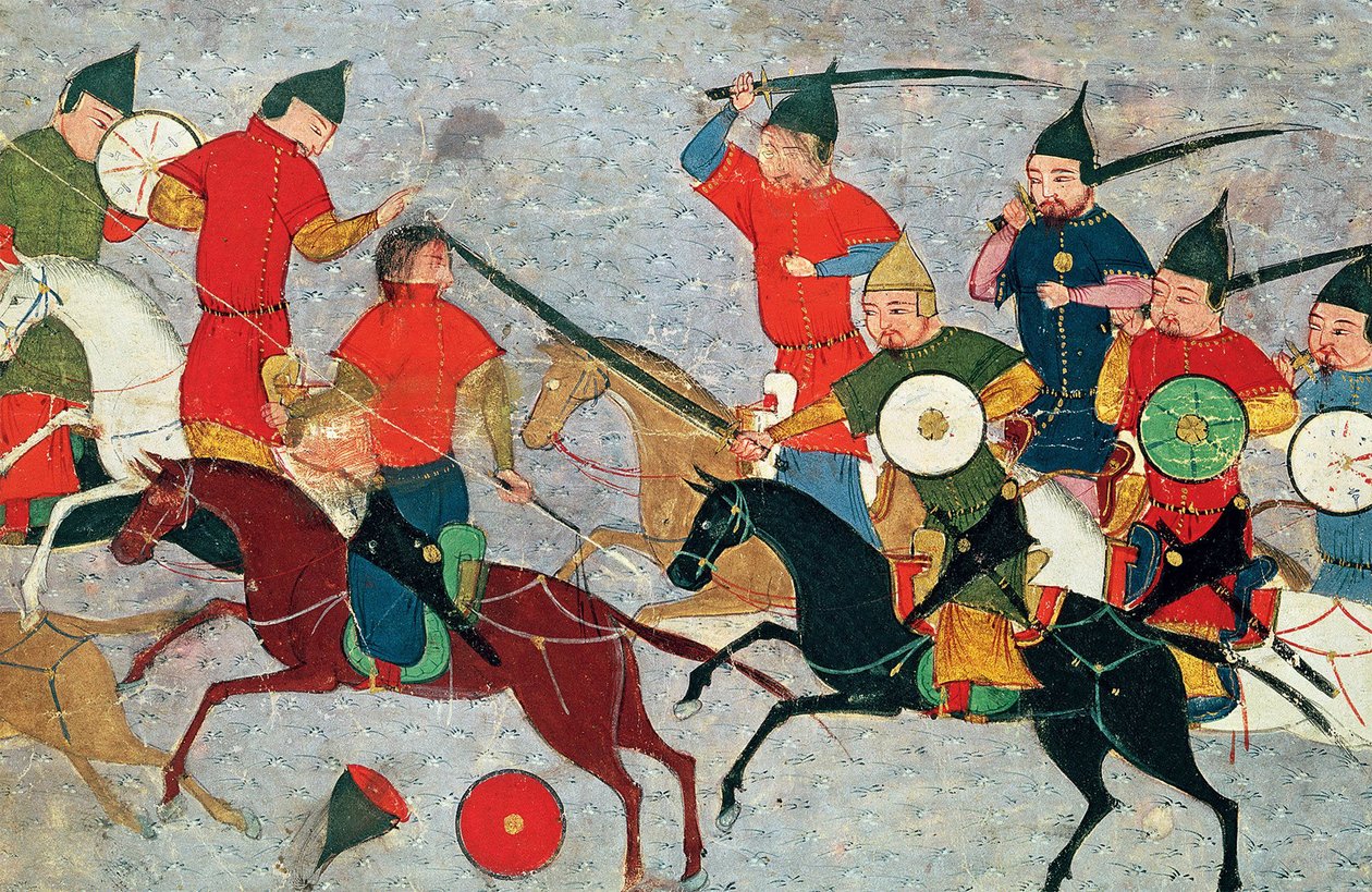 Ghenghis-khan taistelussa. Miniatyyri Jami al-tawarikhin yleismaailmallisesta historiasta, noin 1430 tekijältä Unbekannt