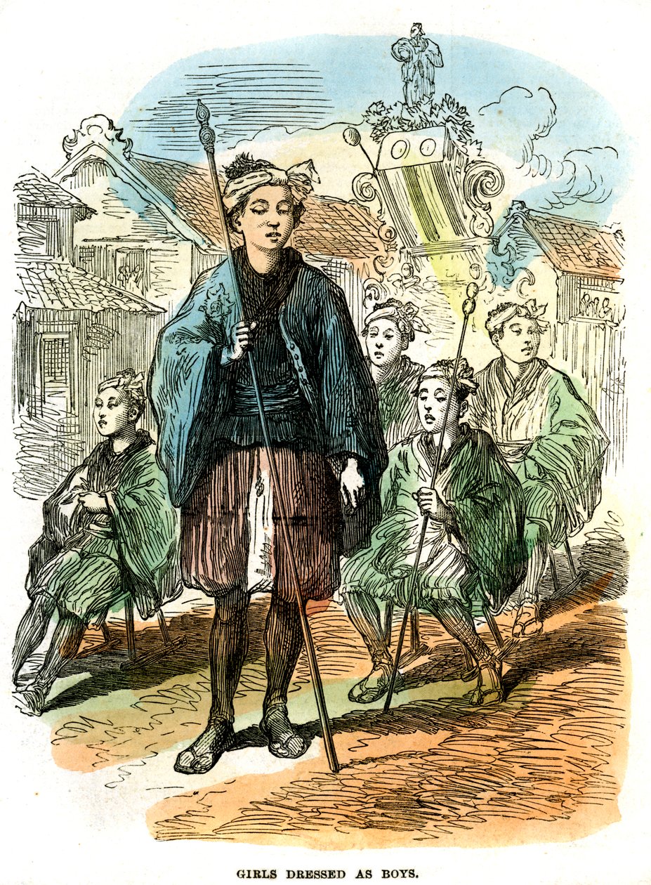 Tytöt pojiksi pukeutuneita, uudenvuoden kulkue Yokohamassa, Japanissa, 1872 tekijältä Unbekannt