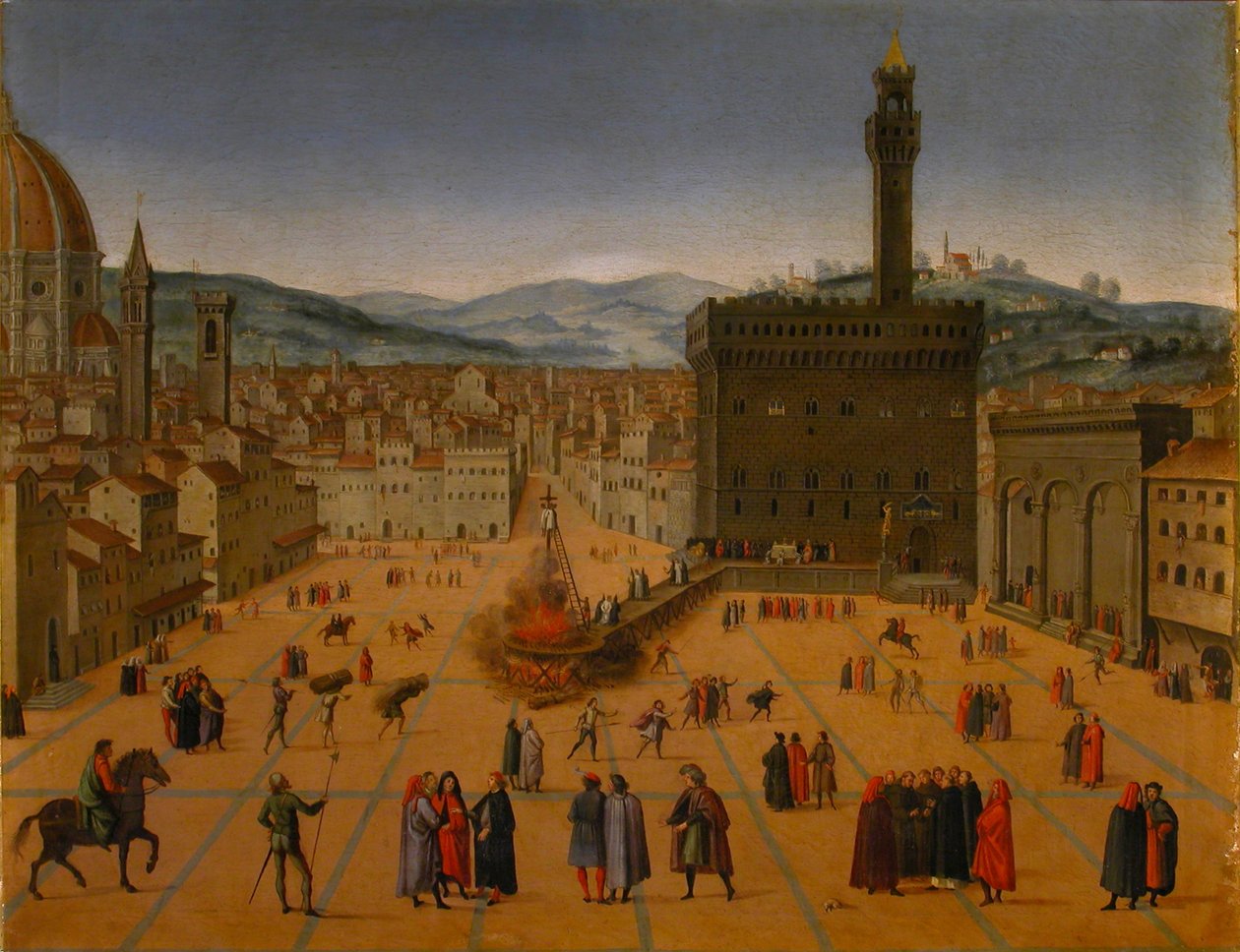 Girolamo Savonarolas teloitettiin Piazza della Signorialla Firenzessä vuonna 1498, 1700-luvun alussa .. tekijältä Unbekannt