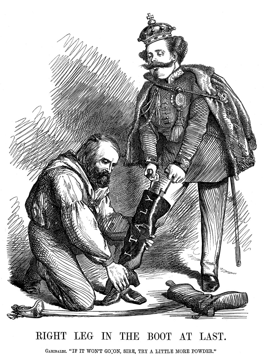Giuseppe Garibaldi auttoi Victor Emmanuel II:ta pukemaan Italian kengät, 1860 tekijältä Unbekannt