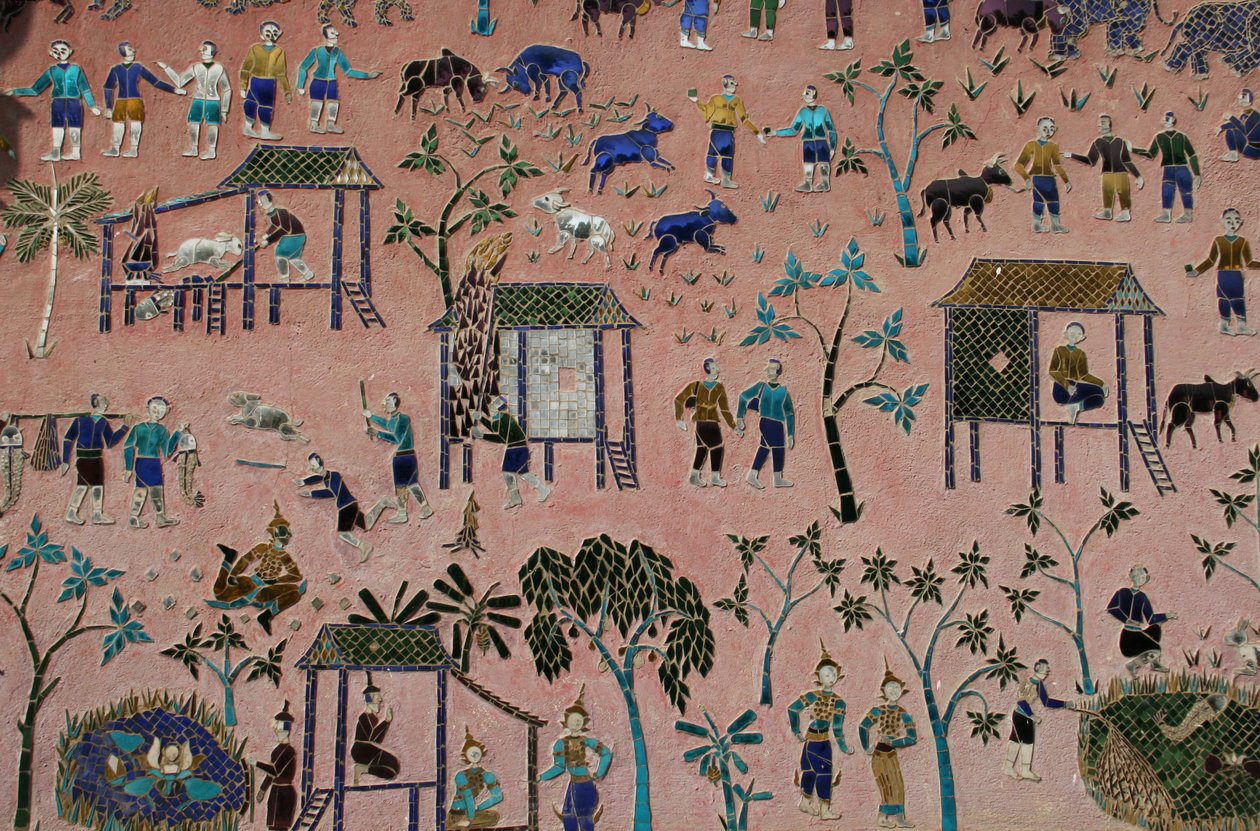 Lasimosaiikit Wat Xieng Thongissa, Luang Prabang, Laos, 1950-luku tekijältä Unbekannt