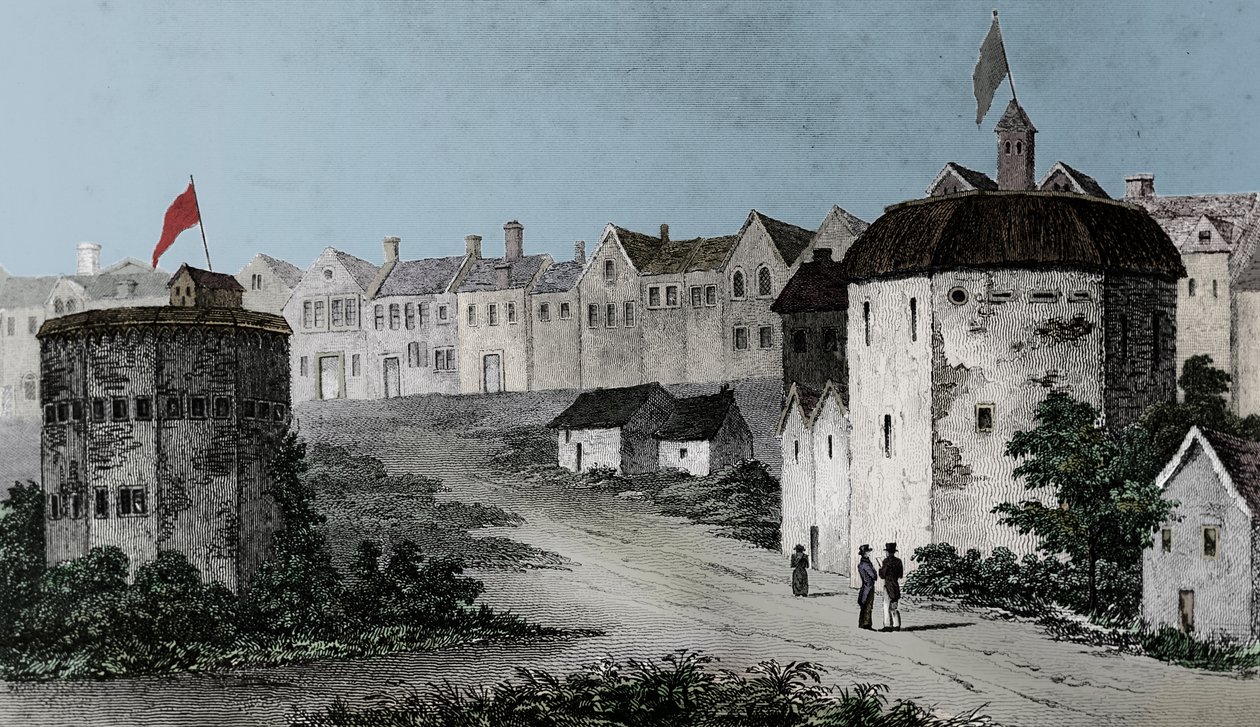 Globe Theatre, Bankside, Southwark right and the Bear Garden, c1597 1825. tekijältä Unbekannt