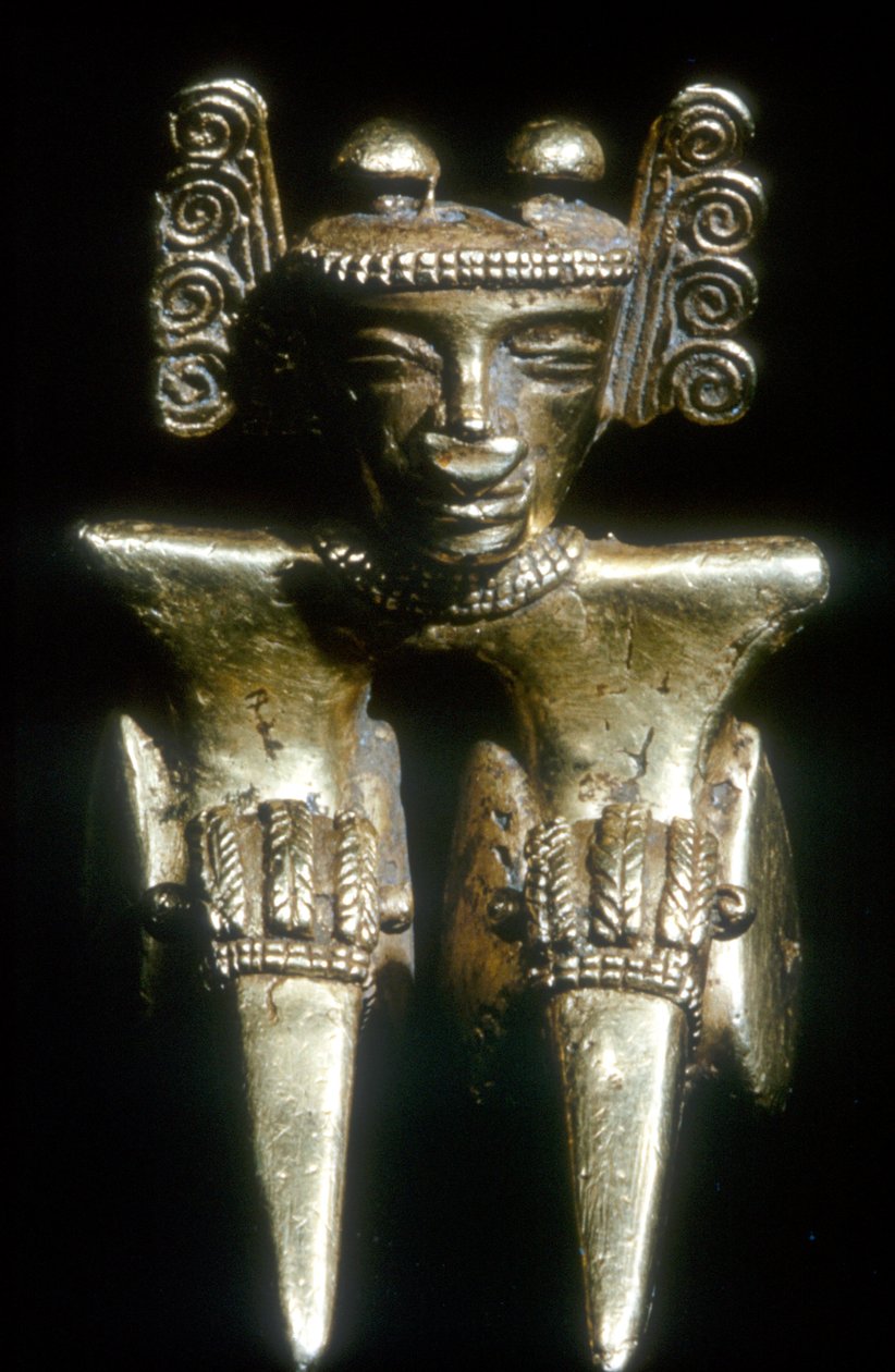 Kultainen esikolumbialainen istuva hahmo, Quimbaya, Kolumbia, ennen 1300-1400-lukua tekijältä Unbekannt
