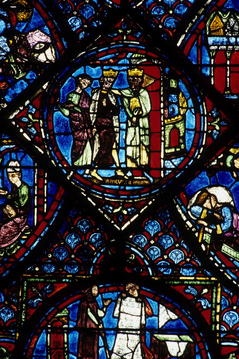 Goottilainen arkkitehtuuri. Histoire de Charlemagne (yksityiskohta): Kaarle Suuri (742-814), jonka vastaanotti Bysantin keisari Konstantinus I. Pohjoisen ambulatorion lasimaalaus, absidiaalinen. Cathedrale de Chartres. tekijältä Unbekannt