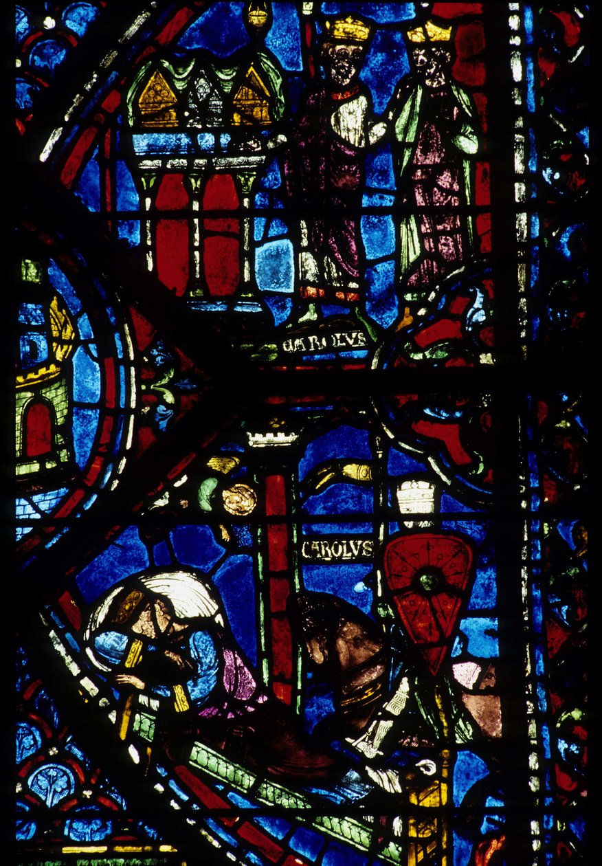 Goottilainen arkkitehtuuri. Histoire de Charlemagne (yksityiskohta): Charlemagne (742-814) saa 3 metsästystä (korkea) ja Vision of Constantine (I, keisari Bysantti). Pohjoisen ambulatorion lasimaalaus, absidiaalinen. Cathedrale de Chartres. tekijältä Unbekannt