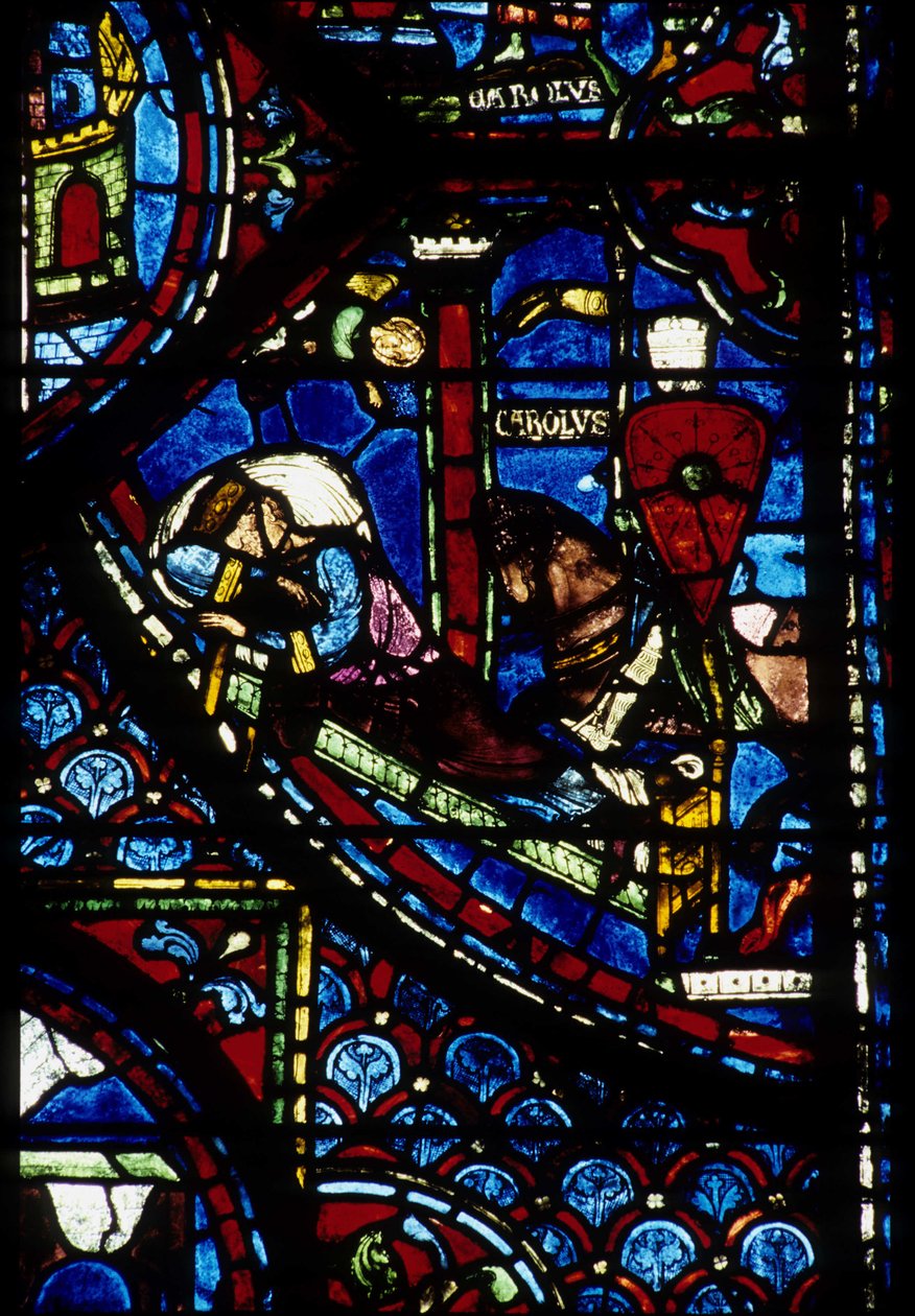 Goottilainen arkkitehtuuri. Histoire de Charlemagne (yksityiskohta): Visio Konstantinuksesta (I, keisari Bysantti). Pohjoisen ambulatorion lasimaalaus, absidiaalinen. Cathedrale de Chartres. tekijältä Unbekannt