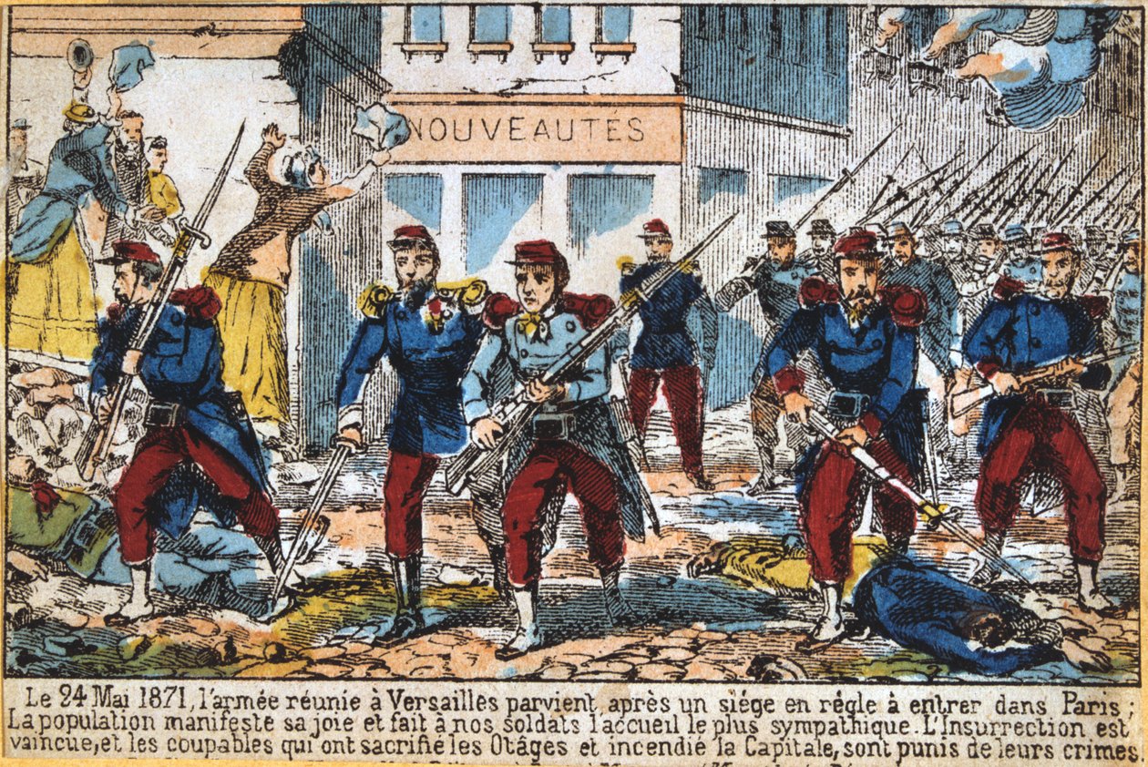 Hallituksen sotilaat etenevät Pariisiin tukahduttaakseen kommuunin, 24. toukokuuta 1871 tekijältä Unbekannt