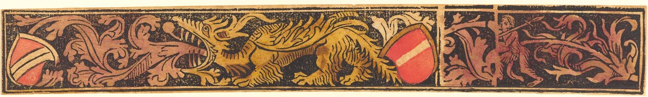 Groteski Strip lohikäärmeen, kilpien ja villimiesten kanssa, c. 14751500. tekijältä Unbekannt