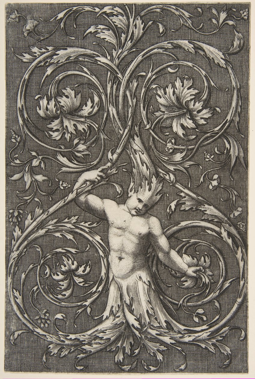 Groteski mieshahmolla, jossa alavartalo ja akantuskääröjen pää, n. 1515-1600. tekijältä Unbekannt