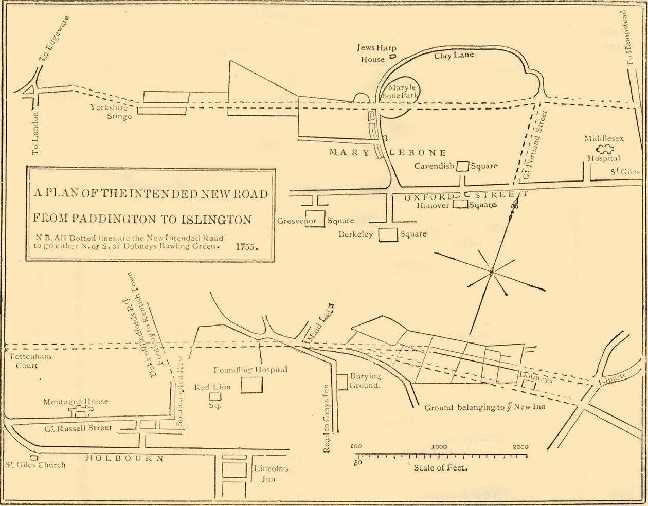 New Roadin pohjasuunnitelma Islingtonista Edgware Roadille, 1755, c1876. tekijältä Unbekannt