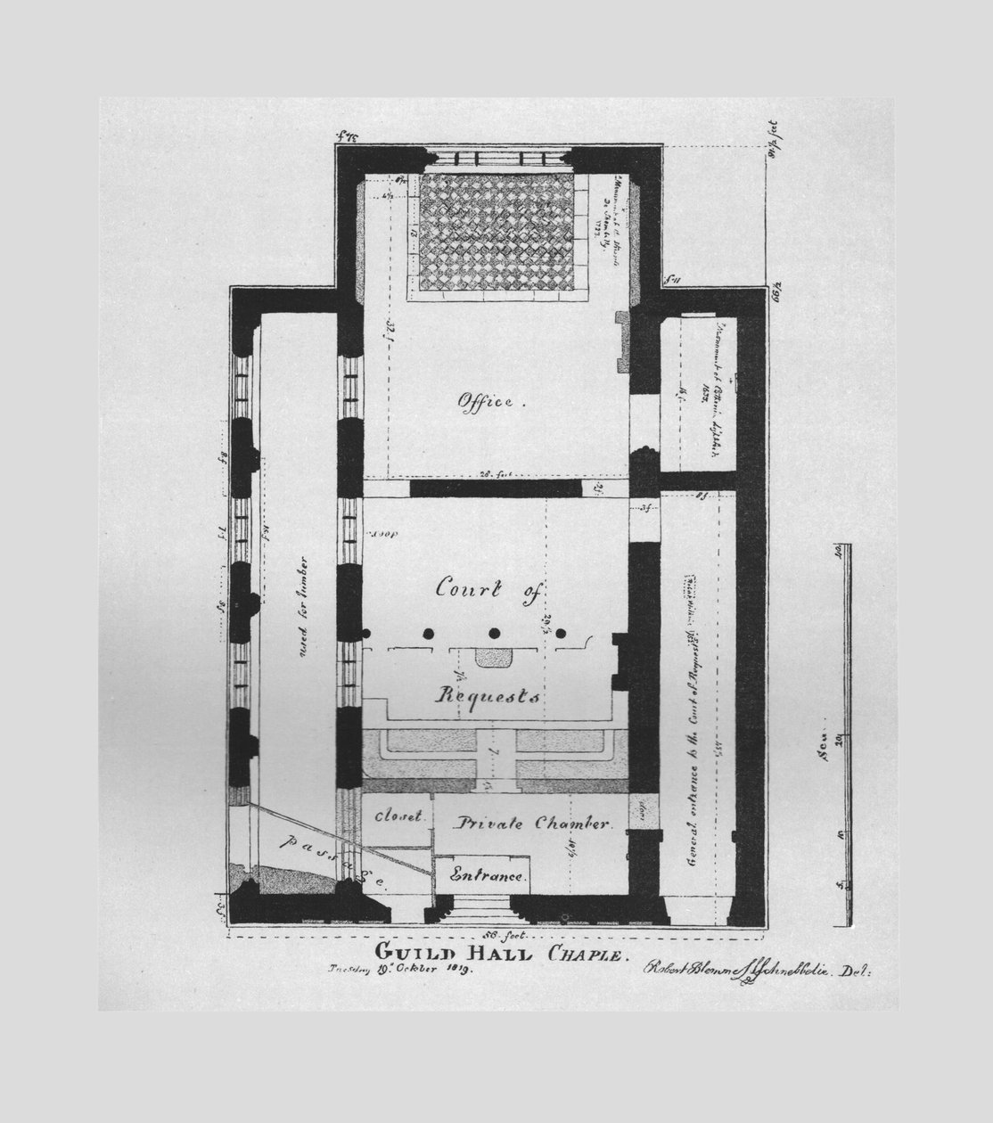 Guildhall-kappelin pohjapiirros 1815, 1866 tekijältä Unbekannt