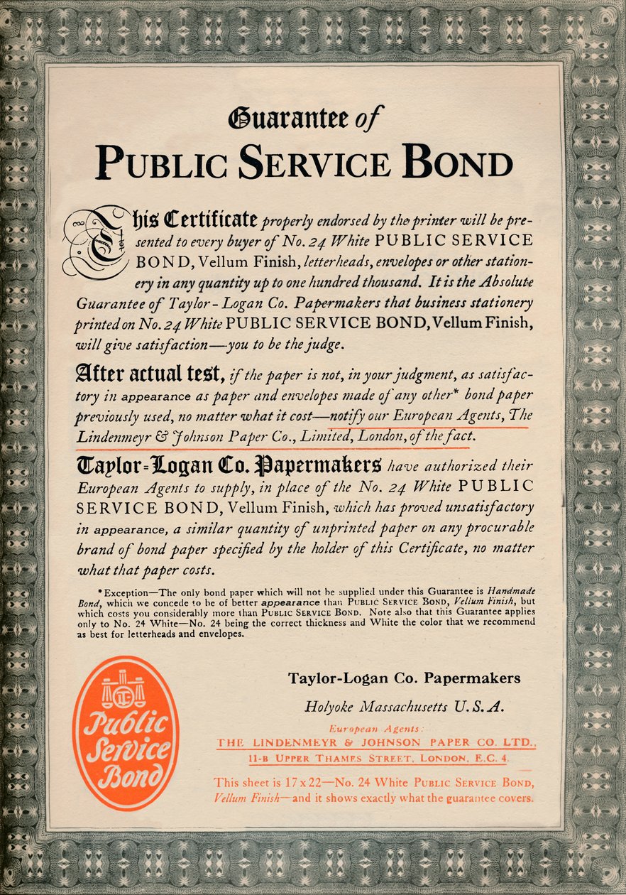 Julkisen palvelun takuu - Taylor-Logan Co. Papermakers -ilmoitus, 1919 tekijältä Unbekannt