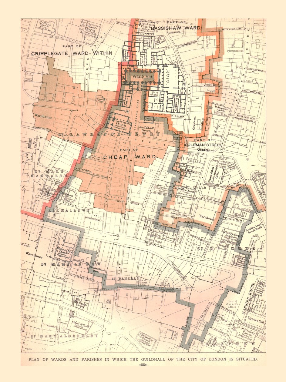 Lontoon Guildhall City. Seurakuntien ja seurakuntien suunnitelma, 1885, 1886 tekijältä Unbekannt