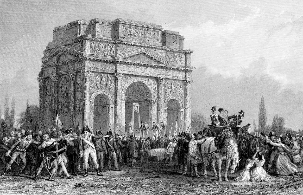 Giljotiini asetettu Mariuksen kaaren alle Orangessa, Ranskassa, Ranskan vallankumous, 1793-1794 tekijältä Unbekannt
