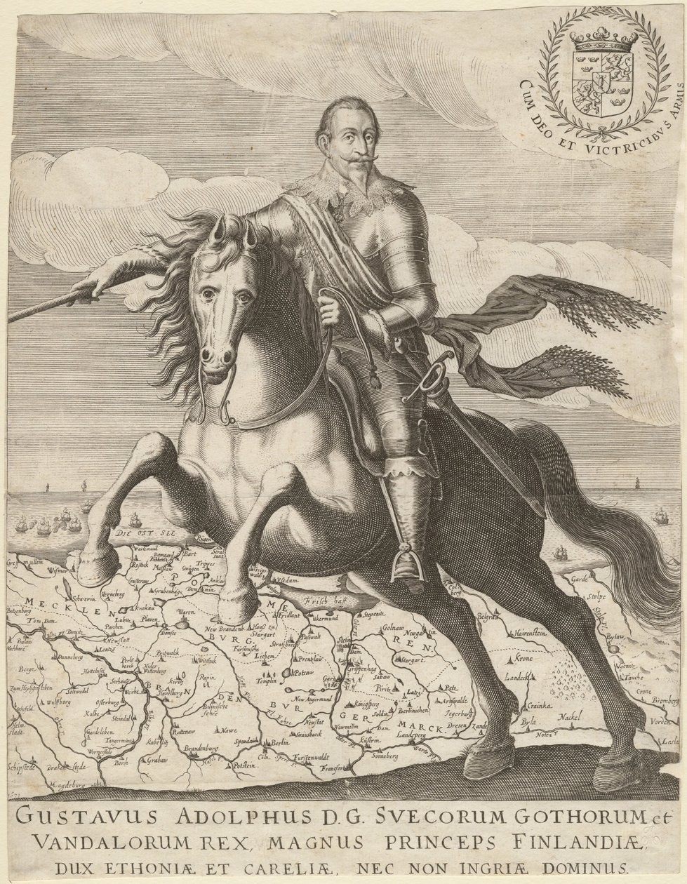 Kustaa Adolphus ennen Pommerin karttaa taustalla, 1630 tekijältä Unbekannt