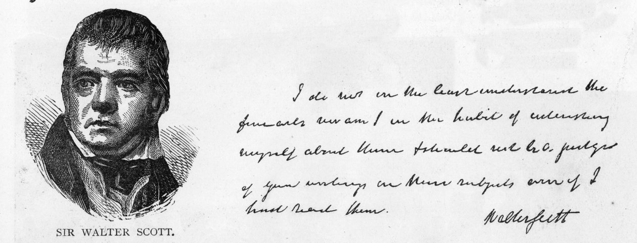Sir Walter Scottin käsiala ja allekirjoitus (kynä ja muste paperille) tekijältä Unbekannt