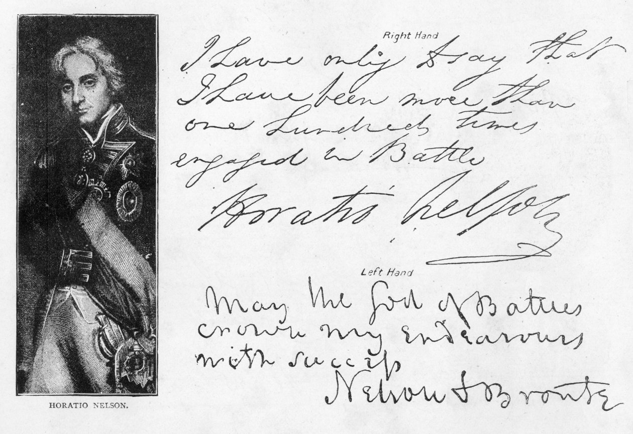 Lordi Nelsonin käsiala ja allekirjoitukset ennen oikean kätensä menetystä ja sen jälkeen, mukaan lukien hänen viimeinen kirjeensä ennen Trafalgarin taistelua, kirjoitettu HMS "Victorysta" Lady Hamiltonille tekijältä Unbekannt