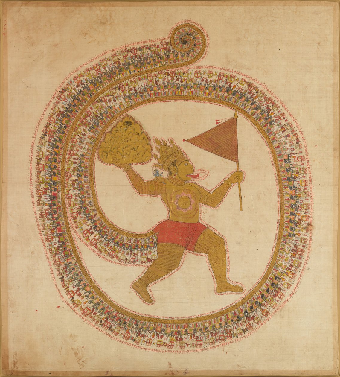 Hanuman, joka kantaa vuorenhuippua lääkekasveilla, n. 1800. tekijältä Unbekannt